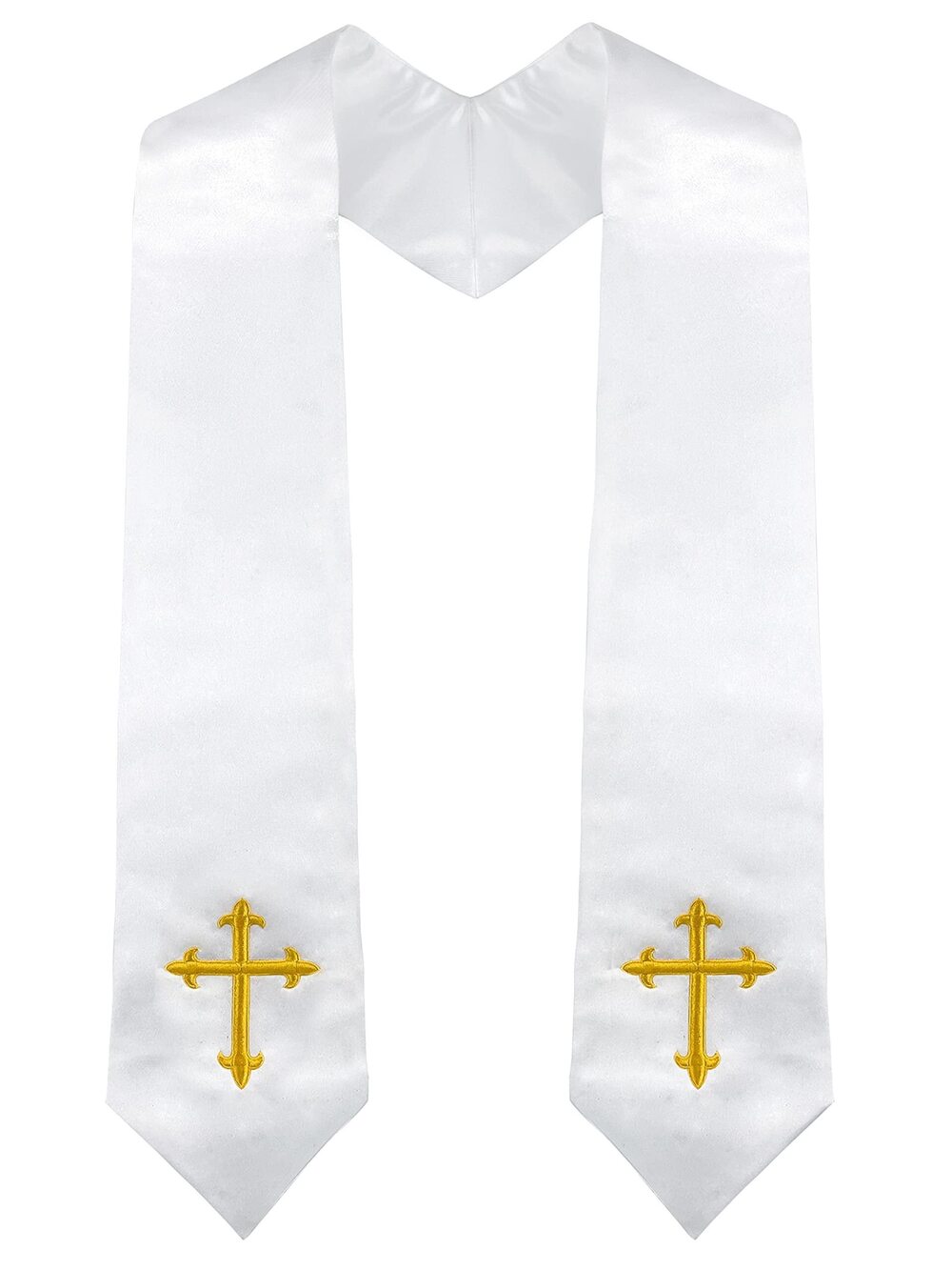2814 White 60" Choir Stole with Cross Embroidery for Church Pastor Costume
